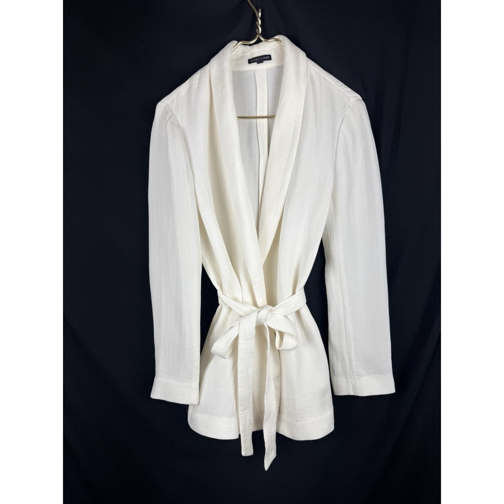 Eileen Fisher Womens M Off White Silk Blend Belted Wrap Jacket Cardigan Coat